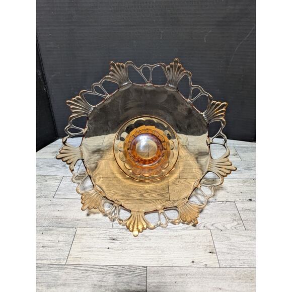 VTG Westmoreland Amber Glass Doric Lattice Lace Centerpiece/Fruit Bowl - Picture 5 of 5